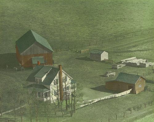 Photographie aérienne colorisée de la ferme 