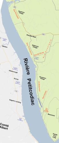 Carte du cours inférieur de la rivière Petitcodiac