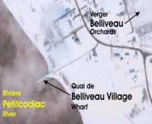 Photo aérienne hivernale illustrant le quai de Belliveau Village sur la rivière Petitcodiac; Google Maps and the Memramcook Valley Historical Society