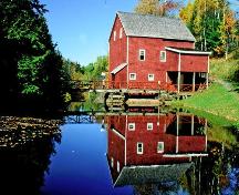 View of mill building and bridge from Matheson Brook, Balmoral Grist Mill, Balmoral Mills, NS, 2004.; Dept. of Tourism, Cultural and Heritage, Province of NS, 2004