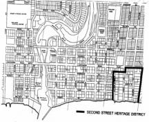 Featured are the district boundaries.; First and Second Street Distinct Plan, City of Oakville, 1991.