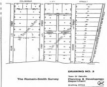 Featured are the areas which William Francis Romain and Thompson Smith surveyed.; First and Second Street District Plan, City of Oakville, 1991.