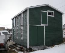 View of the front and right facades of Burrage’s Stage, New Perlican, NL. Photo taken 2009. ; HFNL/Andrea O'Brien 2009