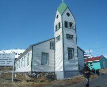 View of mainfacade of Moravian Church, Nain, Labrador. Photo taken June 2009.; HFNL 2009