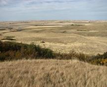 Looking north at the site location on bench beyond the line of dark brush, 2007.; Government of Saskatchewan, Marvin Thomas, 2007.