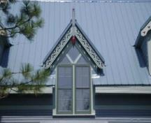 This photograph shows the Gothic dormer with drop pendant and finial, 2009; Town of St. Andrews