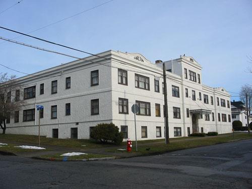 Oblique view of front elevation, 2009