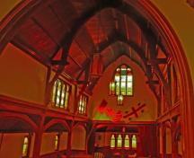View of the interior taken from the pulpit. The interior conveys the impression of an overturned shipd's hull.; Village of Hillsborough