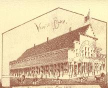 An artist's sketch on an 1888 map of Moncton depicts the design and size of the original roller skating rink structure.; Moncton Museum