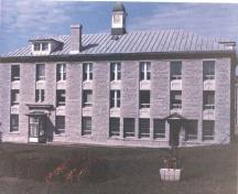 View of the Former Prison for Women, showing the rectilinear plan and the medium-pitched, hipped roof capped by a small central cupola, 1989.; Travaux publics Canada / Public Works Canada, 1989.