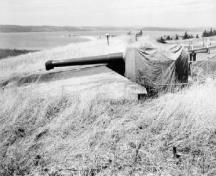 Vue générale de l'emplacement des pièces, magasin et abri d’équipage 2, vers 1945.; Ministère de la Défense nationale / Department of National Defence.