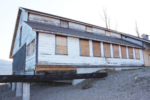 wood half of building, oblique view