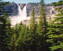 Vue des chutes Twin depuis le porche du lieu historique national du Canada du Salon-de-Thé-des-Chutes-Twin, 1995.; Agence Parcs Canada / Parks Canada Agency, 1995.