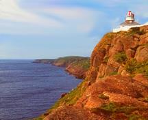 Panoramic view of Cape Spear Lighthouse National Historic Site of Canada showing  viewplanes from the lighthouse to sea-lanes approaching the mouth of St. John`s harbour, 1988.; Parks Canada Agency / Agence Parcs Canada, A. Cornellier, 1988.
