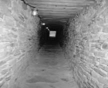 View of the passageway leading from the Caponier to the interior of Fort Wellington, showing the long narrow masonry access tunnel, 1991.; De Jonge, Parks Canada Agency / Agence Parcs Canada, 1991.