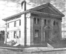 General view of the Canadian Bank of Commerce, showing its setting on an urban lot with minimal landscaping, close to the sidewalk.; Parks Canada Agency/Agence Parcs Canada