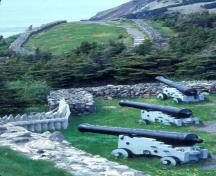 Vue générale de Castle Hill montrant les canons qui font part des ressources archéologiques directement associées à la vie militaire du XVIIe siècle au XIXe siècle sur le site.; Parks Canada Agency / Agence Parcs Canada, n.d.