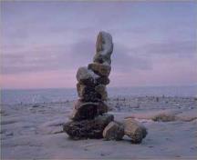 View of single Inuksuit,, 'Likeness of Man'; Parks Canada Agency / Agence Parcs Canada, 1989