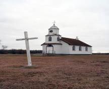 Primary elevations, from the northeast, of Holy Cross Greek Catholic Church, Inwood area, 2007; Historic Resources Branch, Manitoba Culture, Heritage, Tourism and Sport, 2007