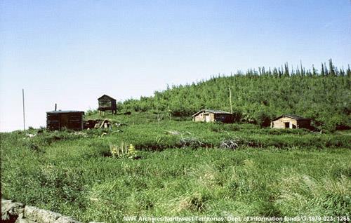 View of an abandoned camp at Travaillant River. Denny Ranson [July 1964].