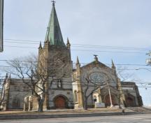 View of the Cathedral from Waterloo Street, showing the steeple.; Province of NB