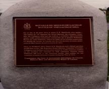Detail view of the plaque commemorating this battle of the War of 1812.; Parks Canada Agency / Agence Parcs Canada, 1989
