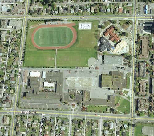 Aerial view of New Westminster Secondary School, 2015.