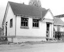 Exterior view after relocation and before restoration, 1980.; Maple Ridge Museum and Archives, P03101