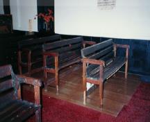 Interior view of Little Dutch (Deutsch) Church, showing its simple wooden furnishings, 1996.; Anne West, 1996.