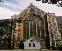 View of the façade of St. John the Baptist Anglican Cathedral, showing the stained glass windows, 2002.; Parks Canada Agency | Agence Parcs Canada, J.F. Bergeron, 2002.