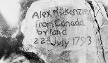 Detail view of the original inscription carved into the rock by Alexander Mackenzie in 1793 at the First Crossing of North America National Historic Site of Canada.; Bibliothèque et Archives Canada / Library and Archives Canada, C-003131.