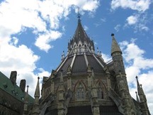 Detail view of the Library at Parliament Hill showing the highly romantic, Gothic Revival style, 2010.; Parks Canada | Parcs Canada, C. Beaulieu, 2010