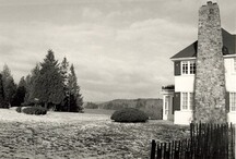 View of the Prime Minister's Cottage, showing the view of the lake and the hills beyond, 1985.; Parcs Canada / Parks Canada, 1985.