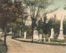 This c1885 postcard view of the former Moncton Rural Cemetery's oldest section was taken near the property's southern gates.; Moncton Museum